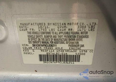 2012 Nissan Versa 1.6 Sv from USA, damaged, VIN 3N1CN7AP9CL836211